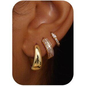 Women's 14K Gold Plated Chunky Hoop Earrings Jewelry Lightweight 3Pairs